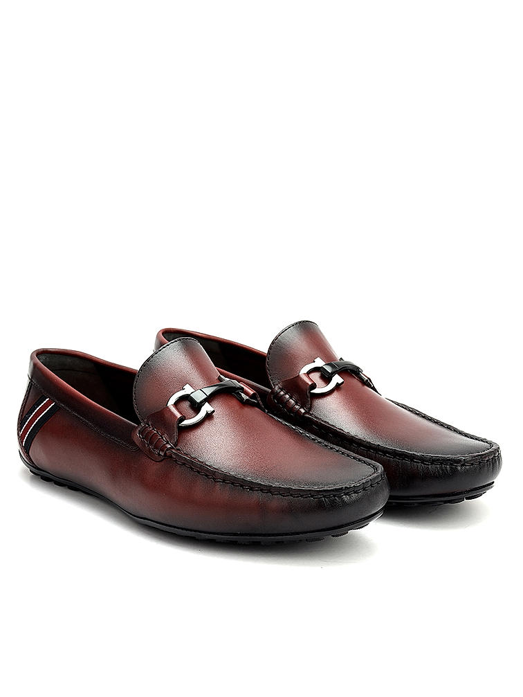 Burgundy Moccasins With Metal Buckle