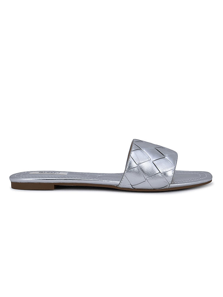 Silver Weave Textured Strap Flats