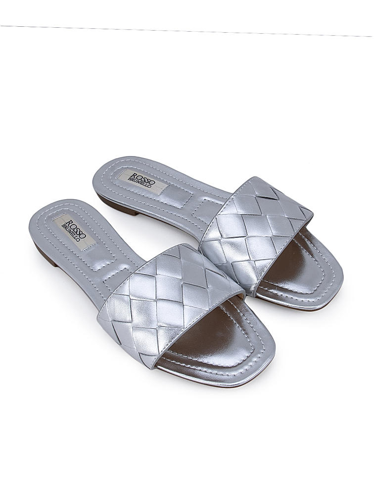 Silver Weave Textured Strap Flats