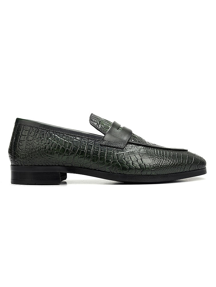 Green Croco Textured Loafers