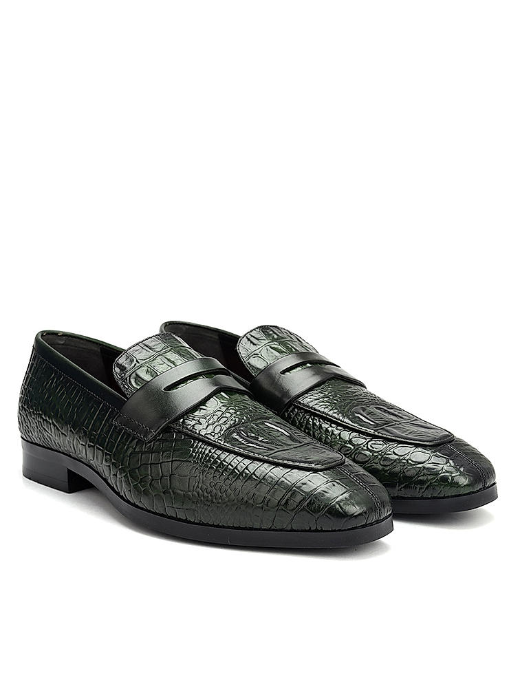 Green Croco Textured Loafers