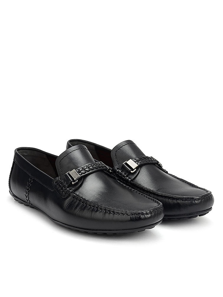 Blacl leather Moccasins With Panel