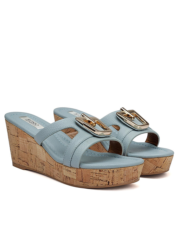 Blue Leather Wedges With Buckle