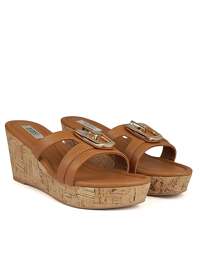 Tan Leather Wedges With Buckle