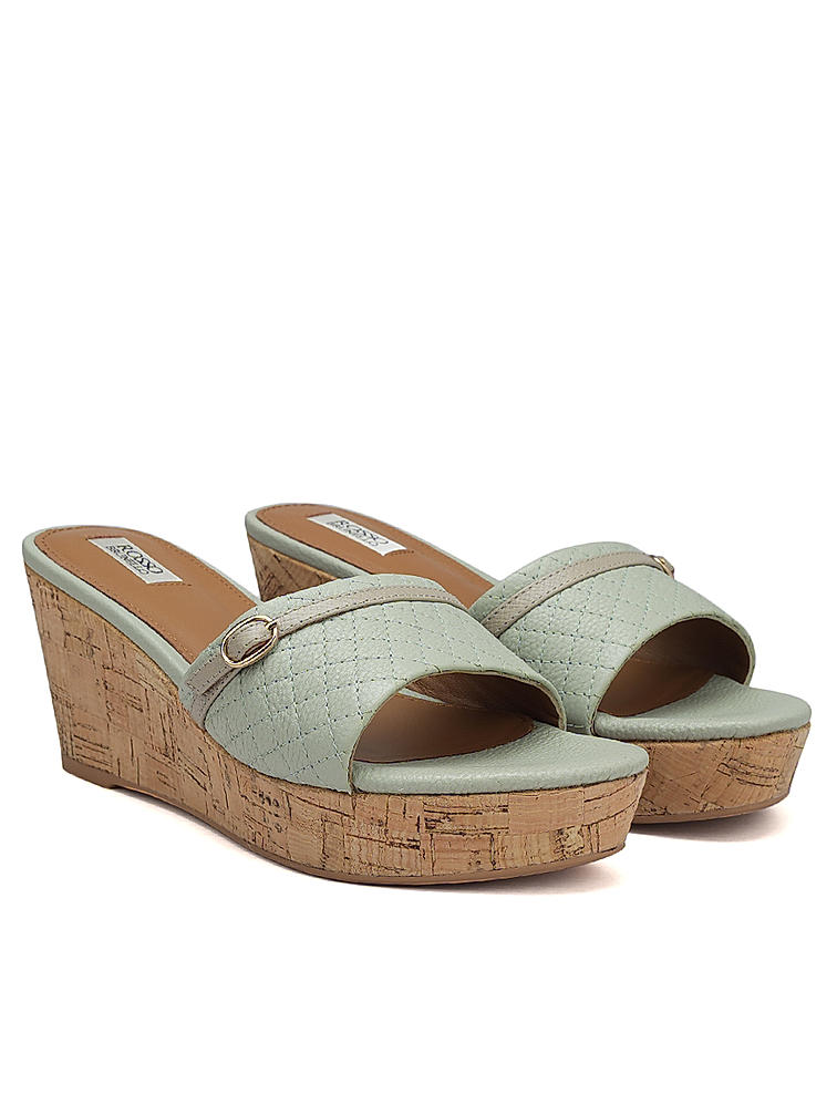 Green Textured Leather Wedges