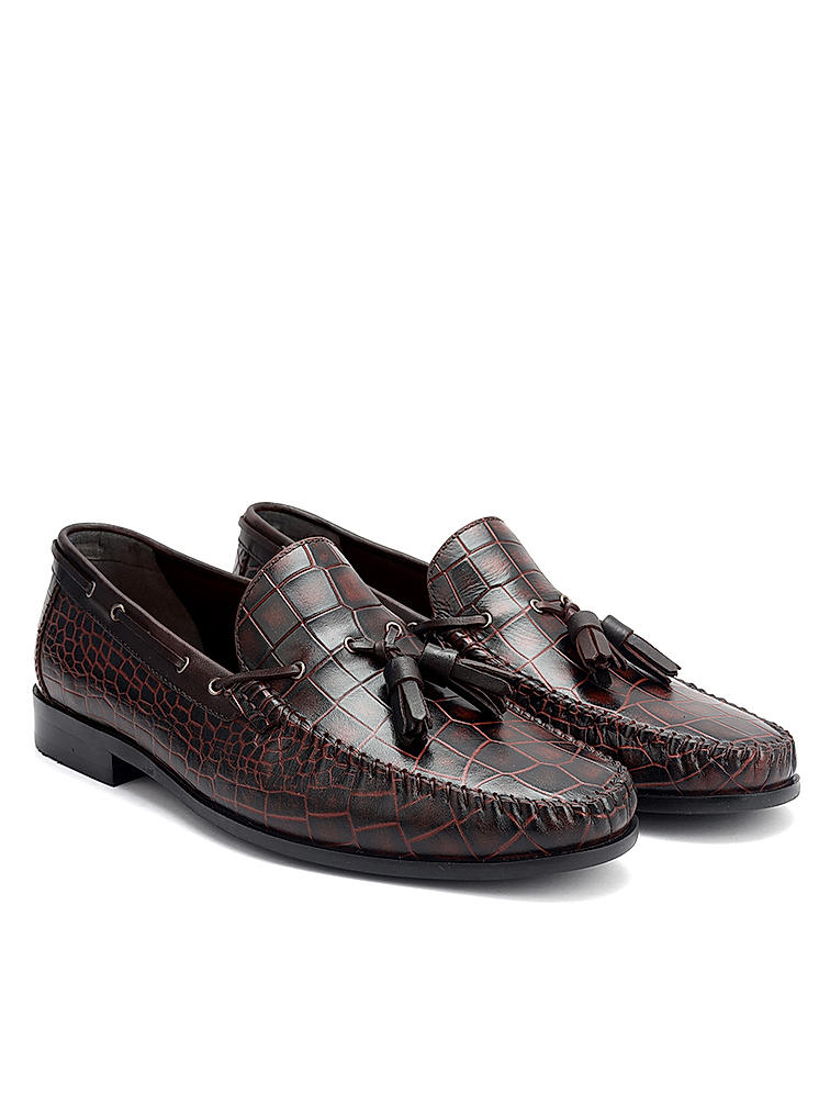 Burgundy Croco Textured Heel Moccasins