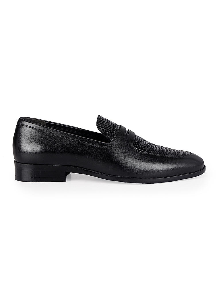 Black Textured Leather Loafers