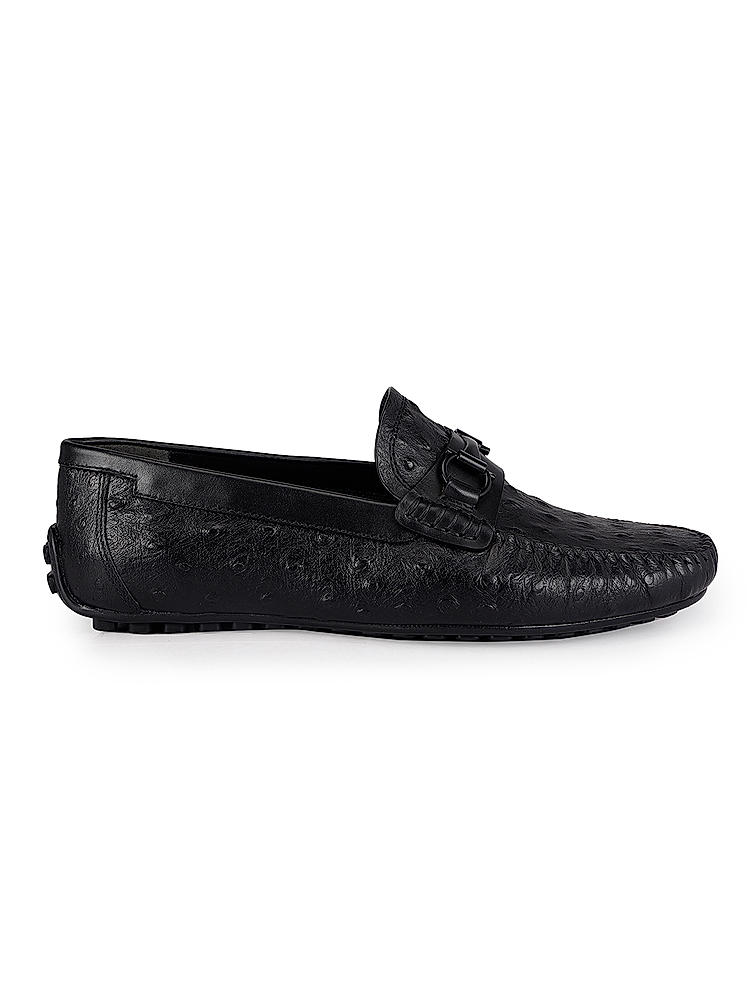 Black Ostrich Leather Moccasins