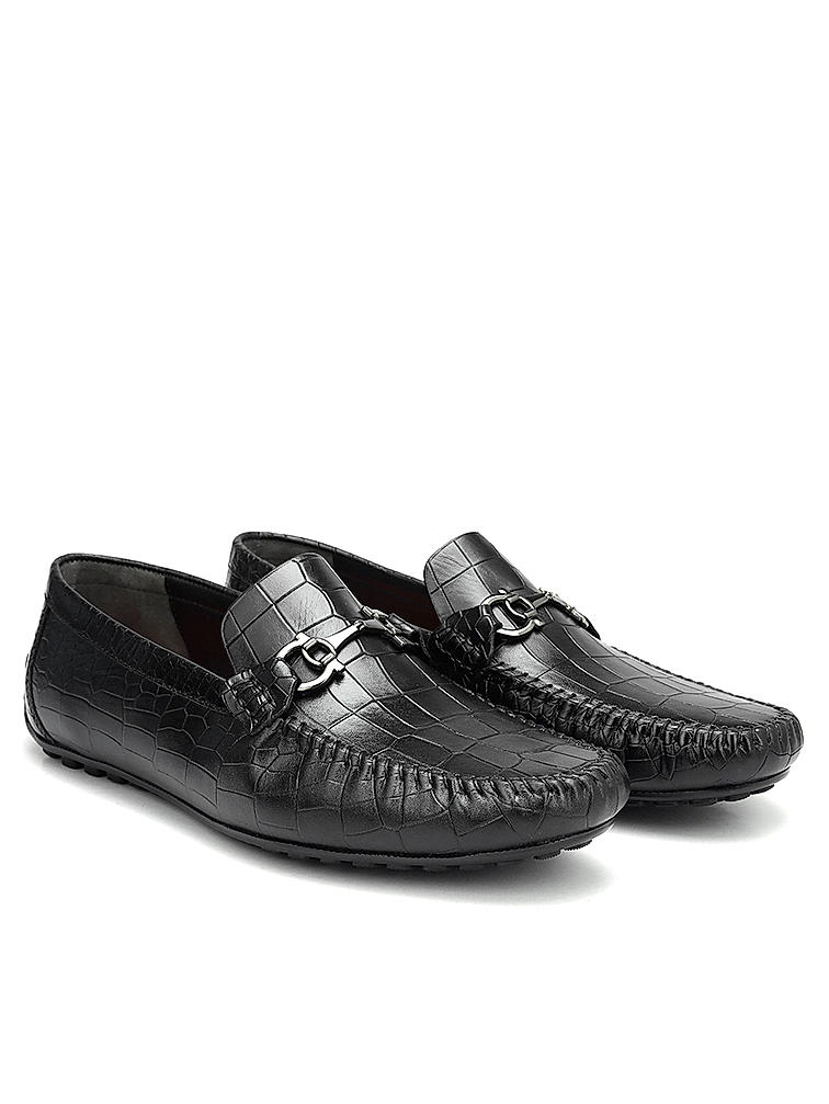 Black Croco Textured Moccasins