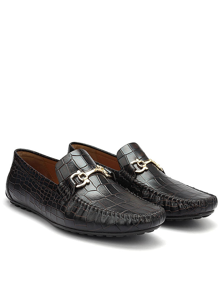 Brown Croco Textured Moccasins