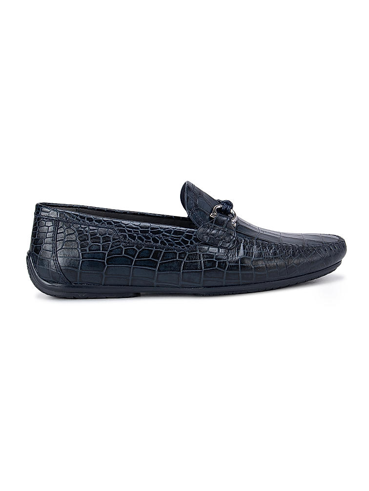 Navy Croco Effect Moccasins