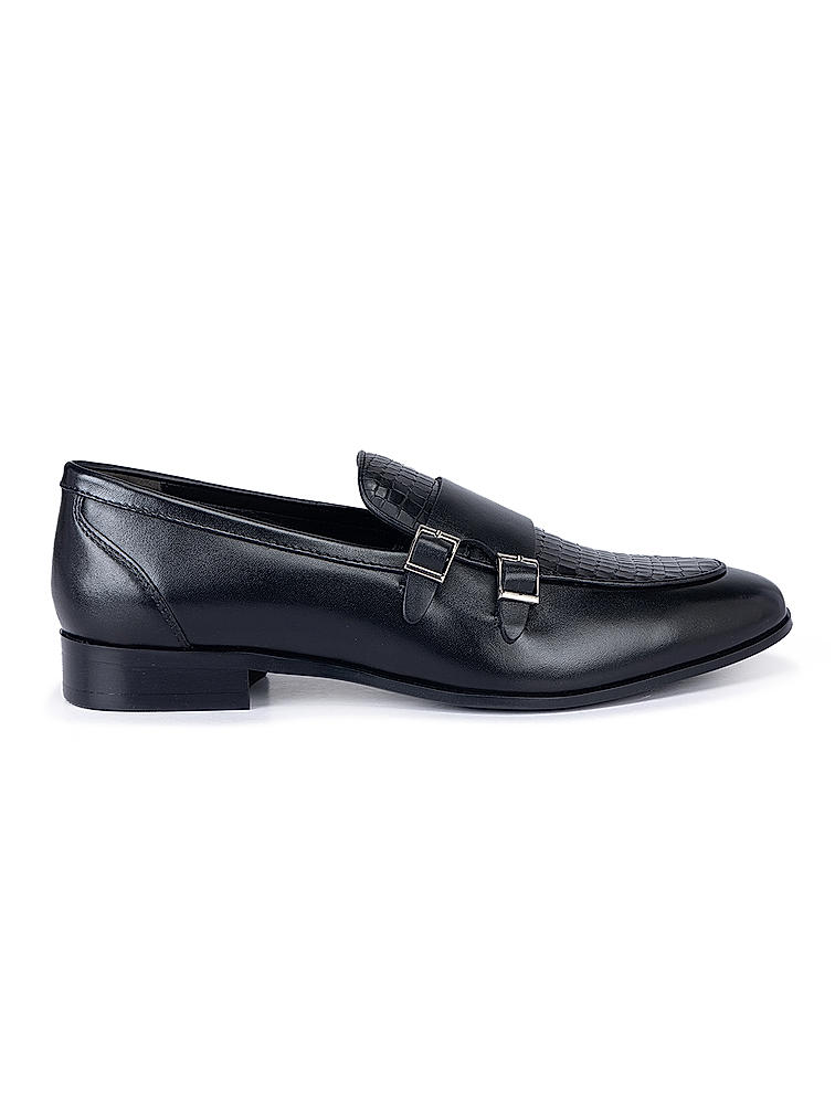 Black Textured Double Monk Straps