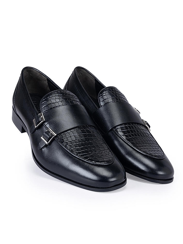 Black Textured Double Monk Straps