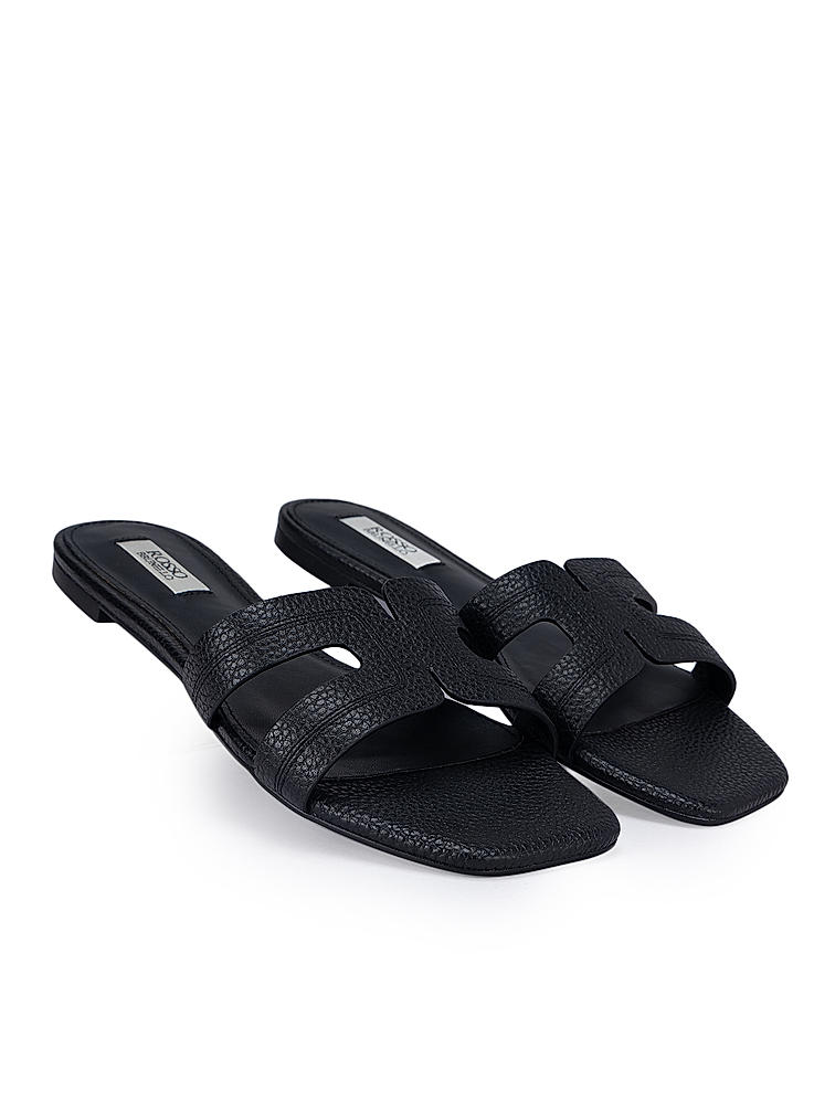 Black Textured Leather Sliders