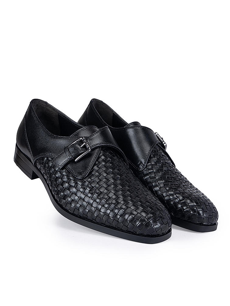 Black Textured Leather Monk Straps