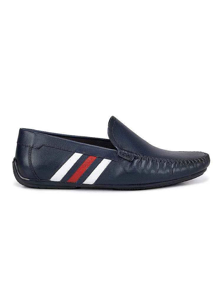 Blue Plain Leather Striped Moccasins