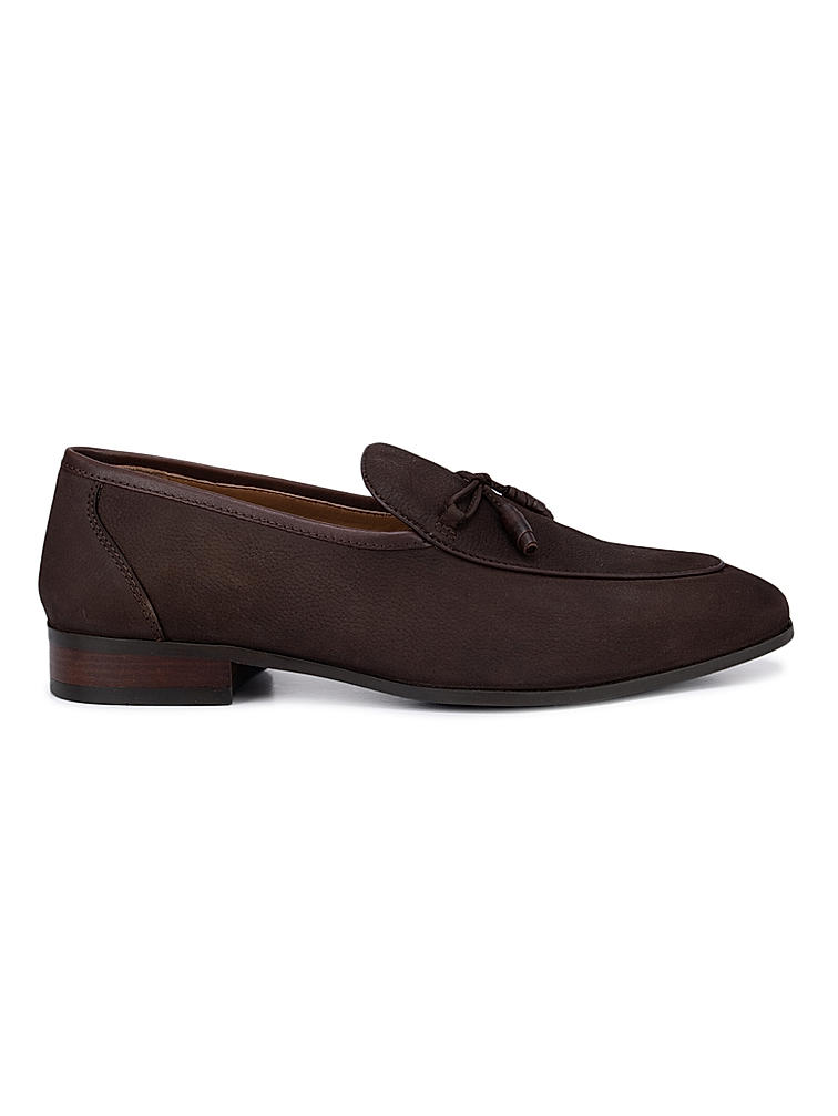 Coffee Textured Loafers With Bow Detail