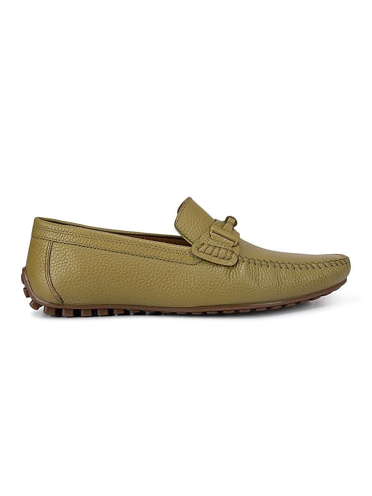 Green Textured Leather Panel Moccasins