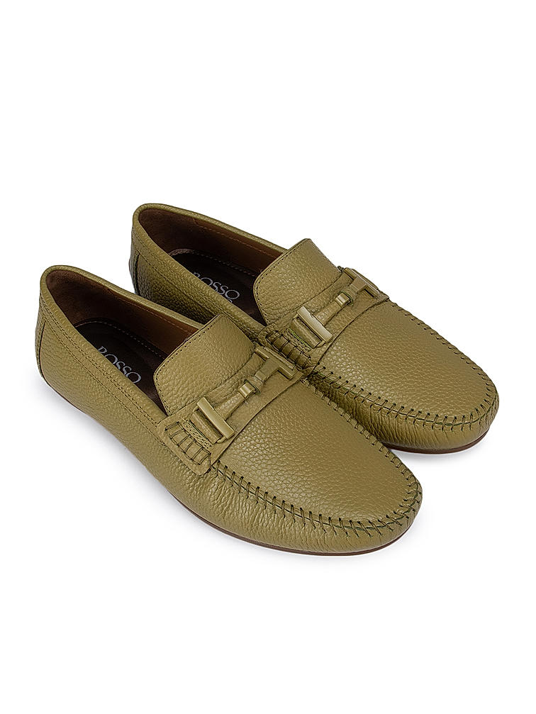 Green Textured Leather Panel Moccasins