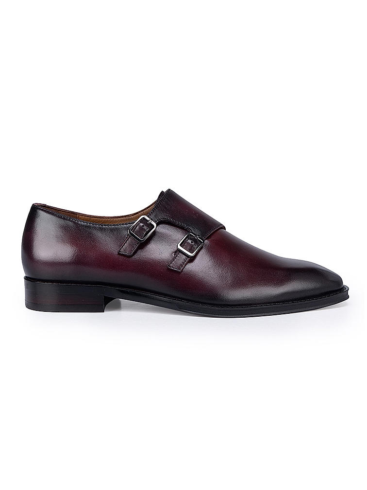 Burgundy Plain Double Monk Strap Shoes