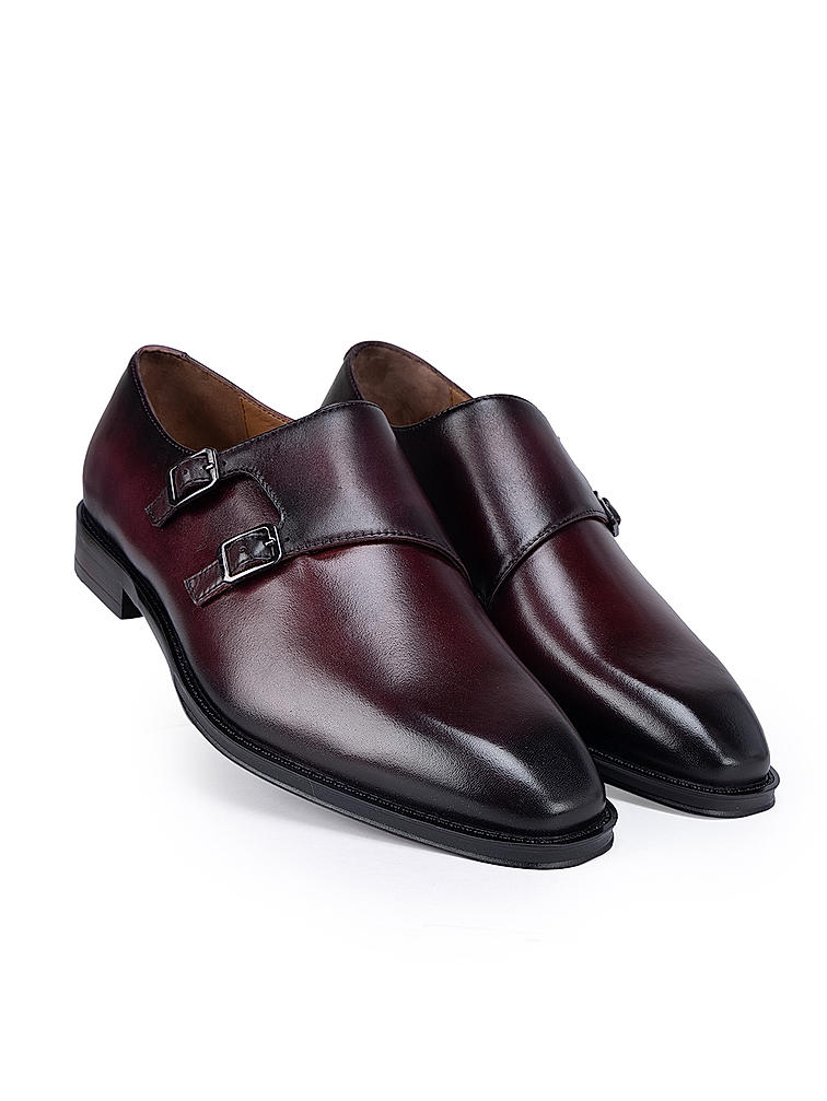 Burgundy Plain Double Monk Strap Shoes