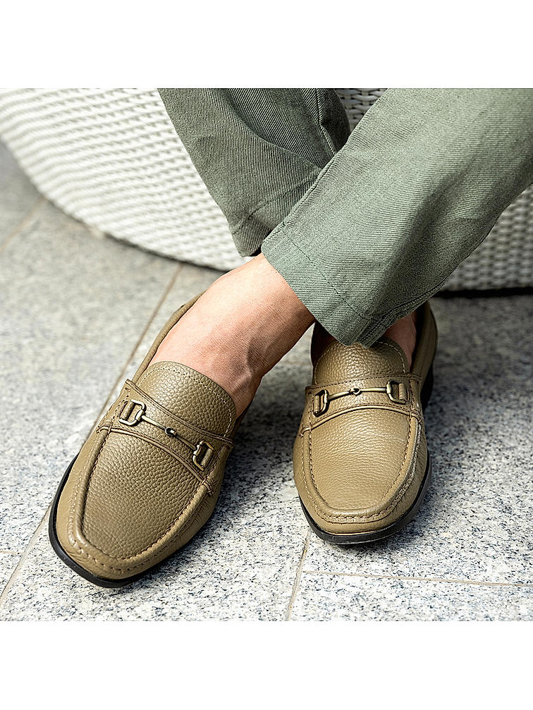 Green Textured Heel Moccasins With Buckle