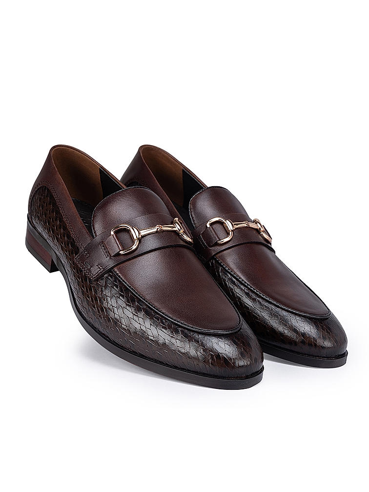 Coffee Leather Loafers With Metal Buckle