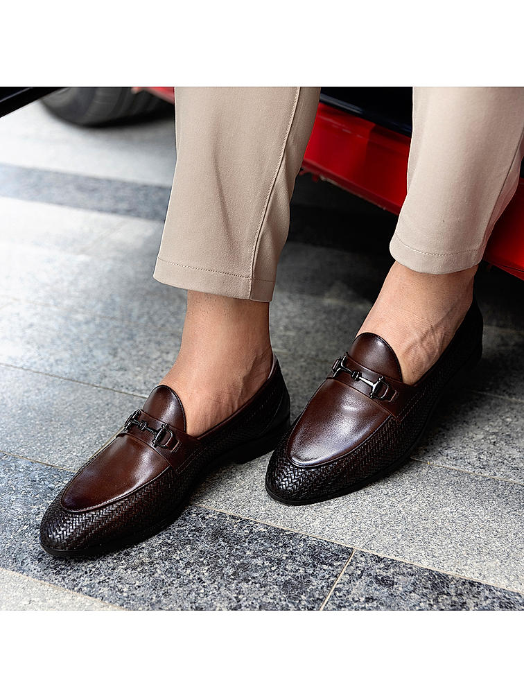 Coffee Textured Loafers With Buckle