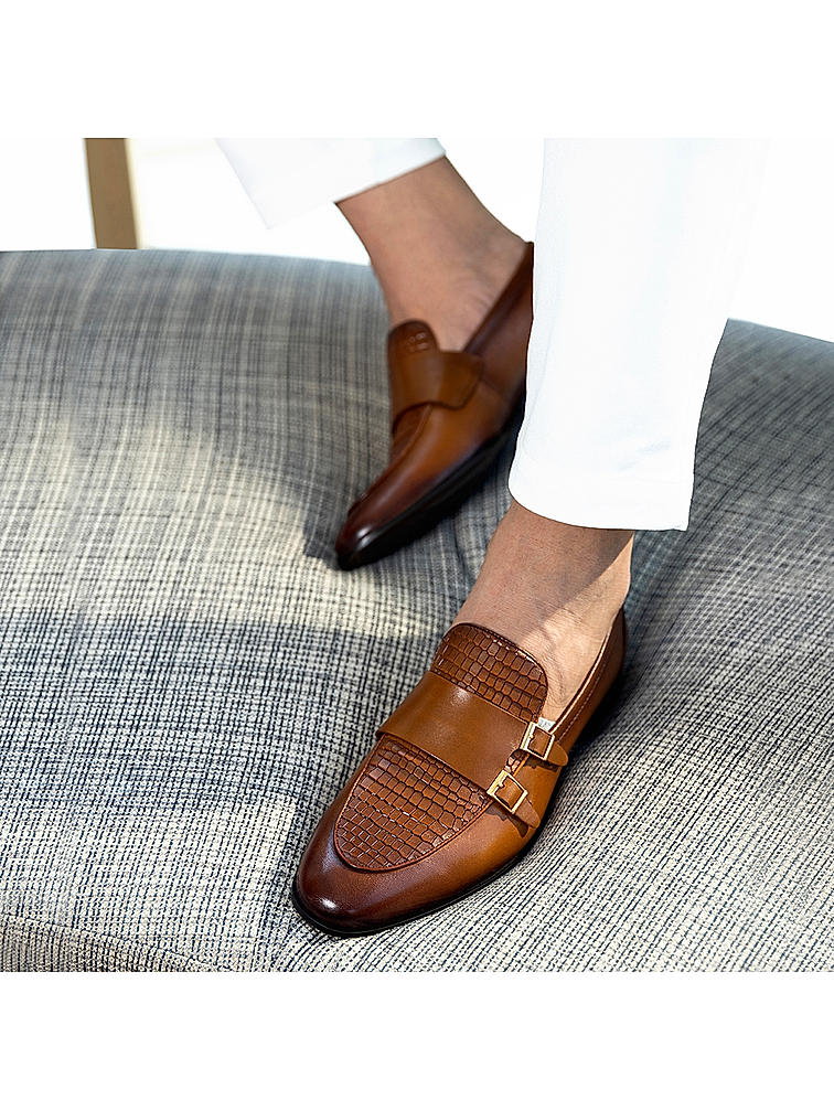 Tan Textured Double Monk Straps