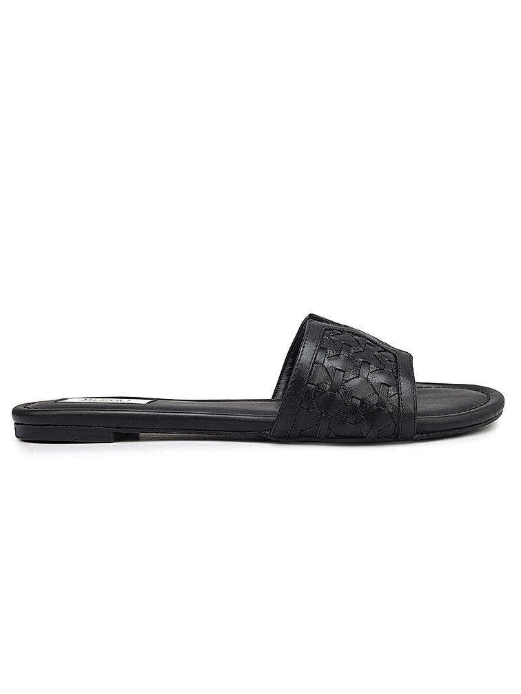 Black Woven Leather Sliders