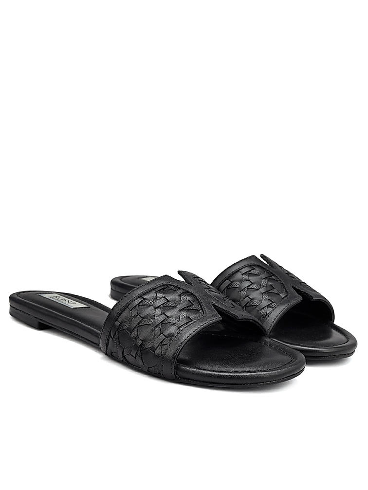 Black Woven Leather Sliders