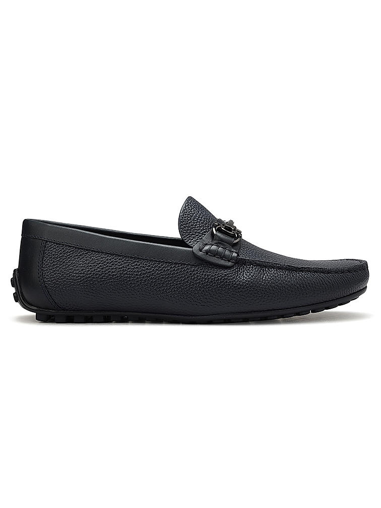 Navy Leather Moccasins With Buckle