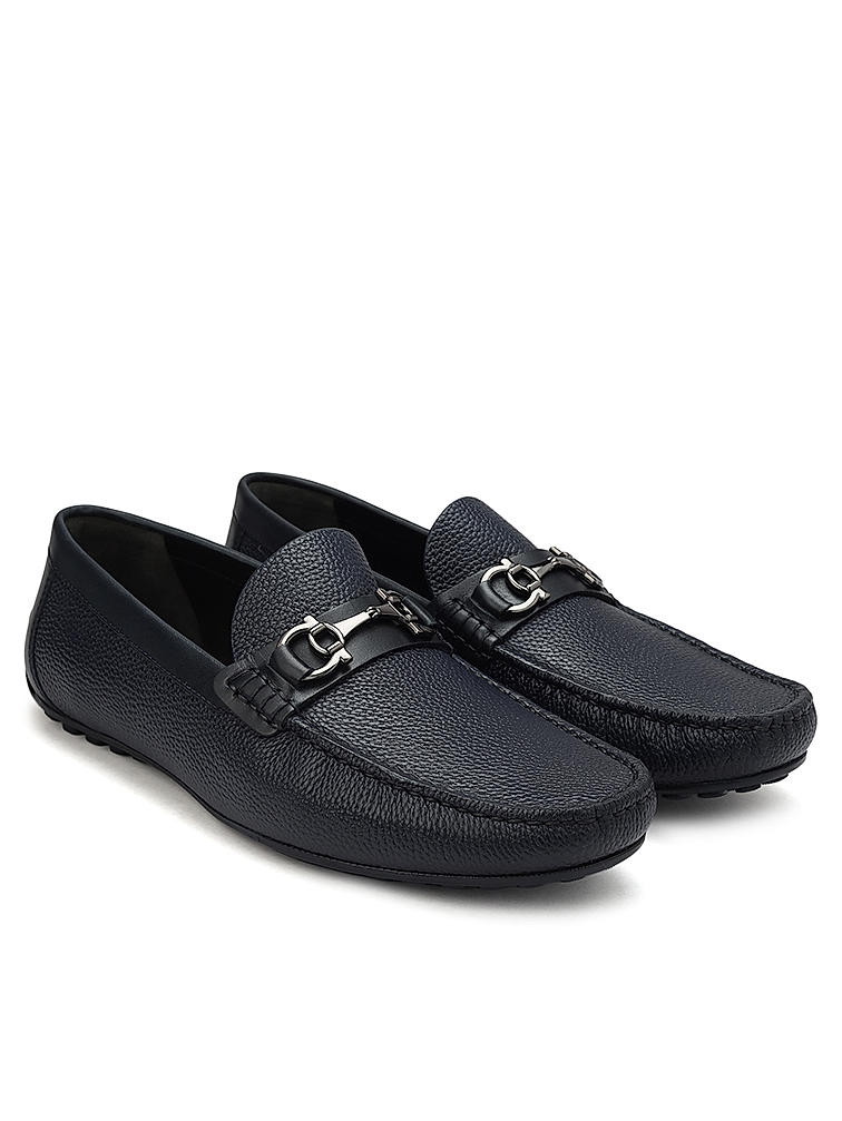 Navy Leather Moccasins With Buckle