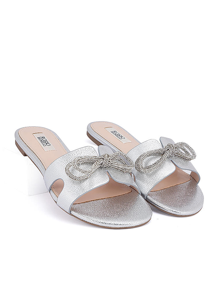 Silver Faux Leather Bow Flats