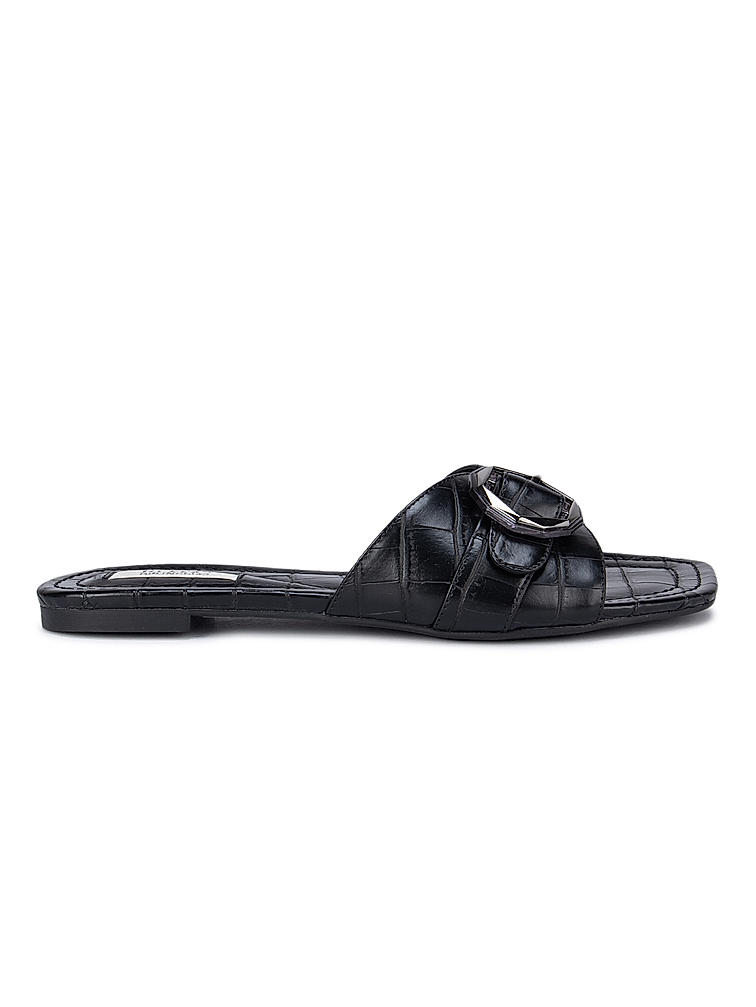 Black Croco Textured Strap Sliders