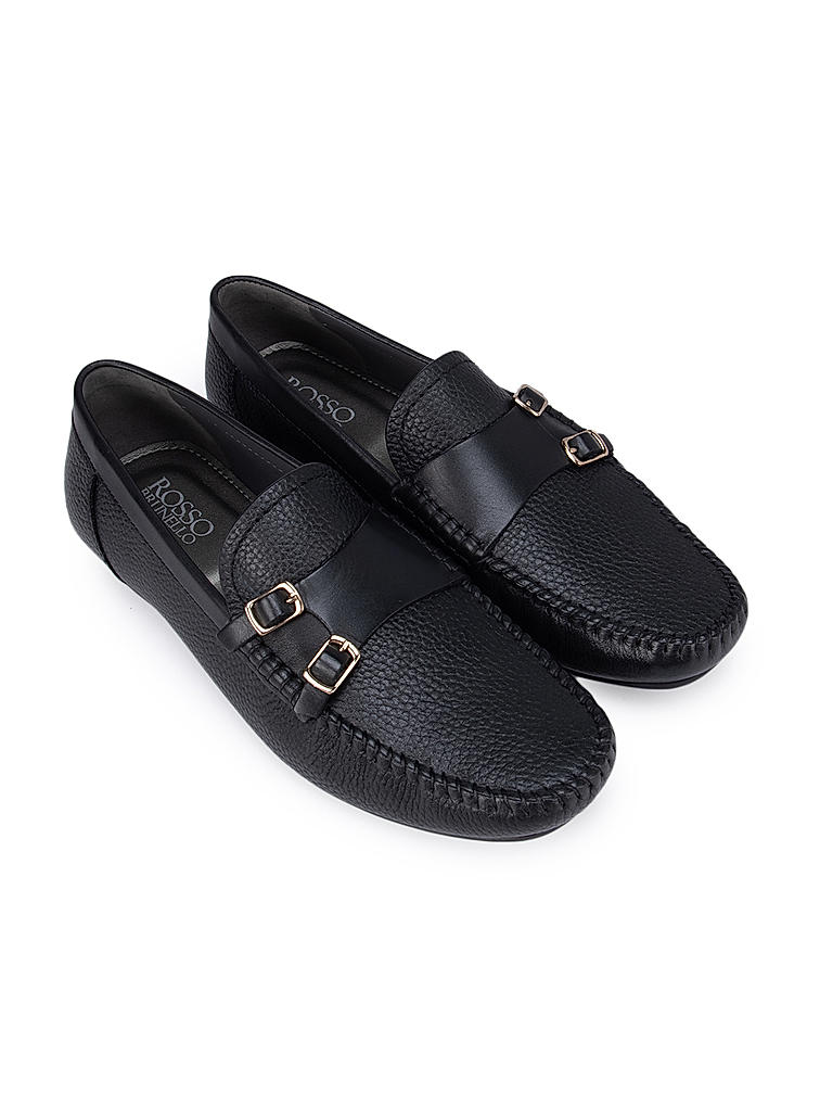 Black Textured Double Monk Style Moccasins