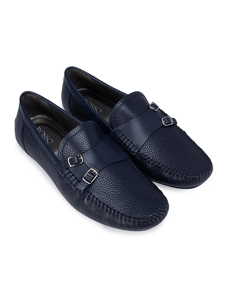 Navy Textured Double Monk Style Moccasins