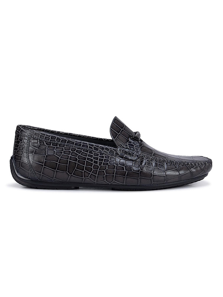 Grey Croco Textured Moccasins With Buckle