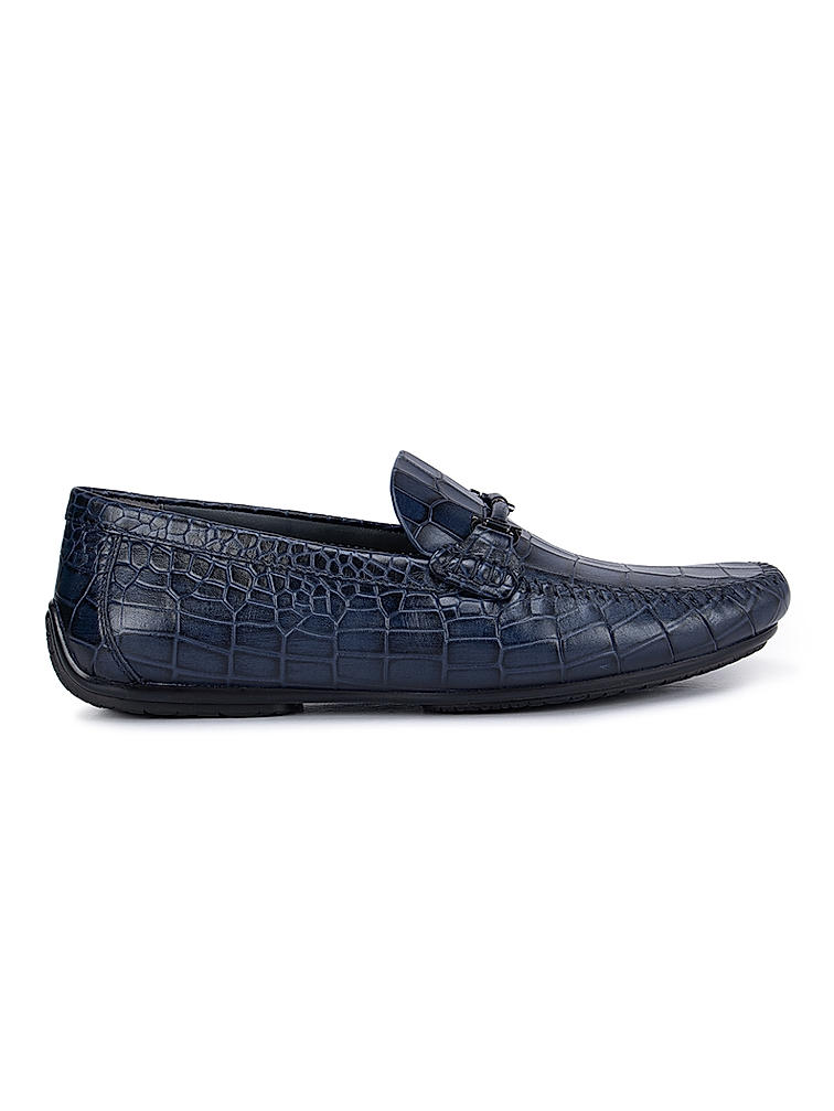 Navy Croco Textured Moccasins With Buckle