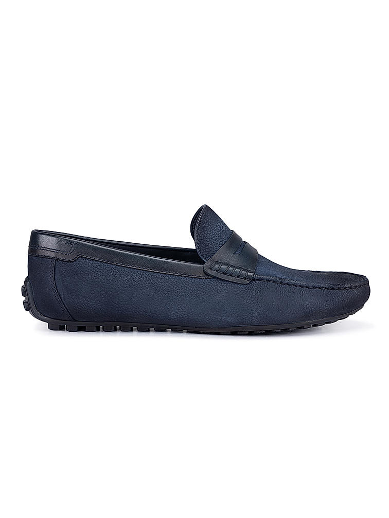 Navy Moccasins With Leather Panel