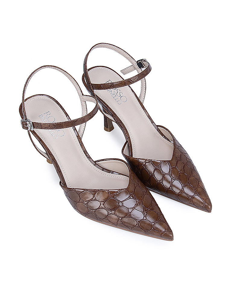 Brown Textured Leather Slingback Heels