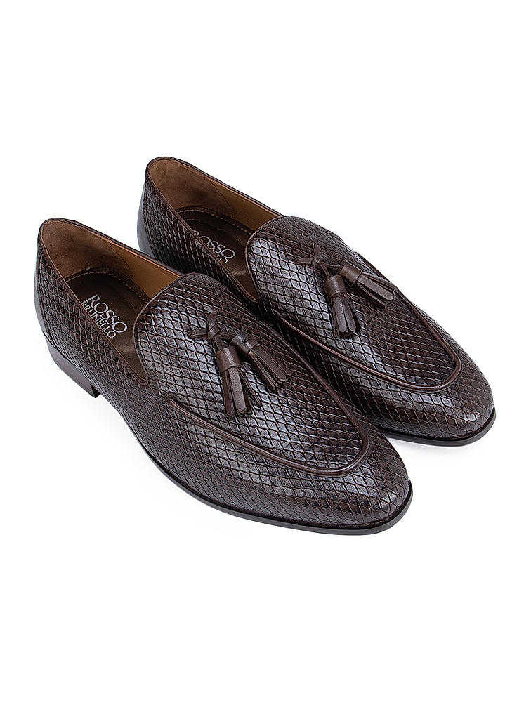 Coffee Textured Loafers With Tassels