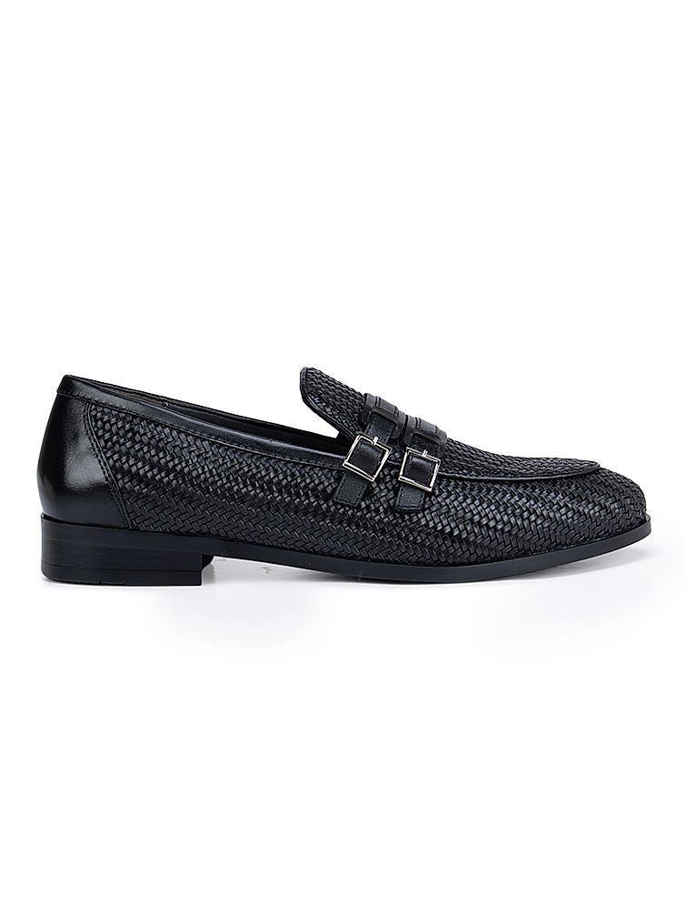 Black Textured Double Monk Straps