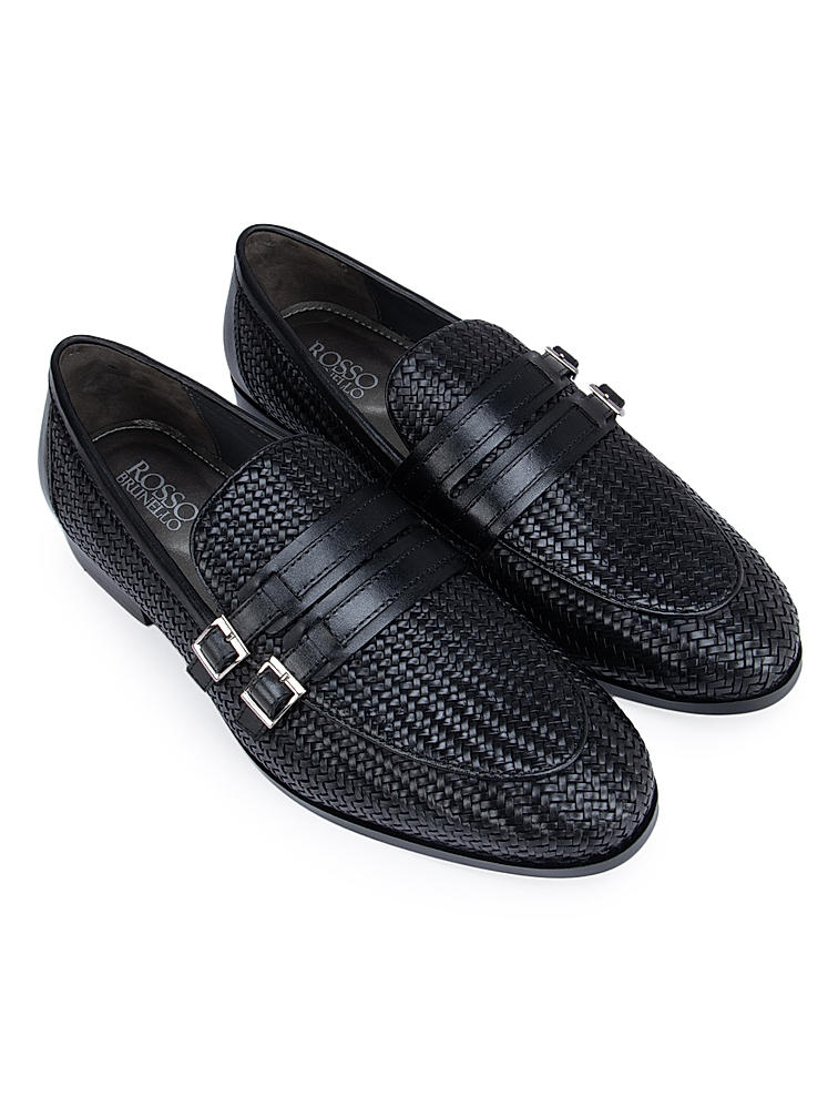 Black Textured Double Monk Straps