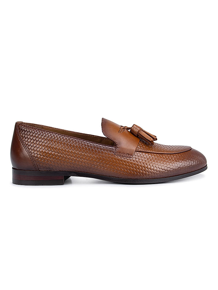 Tan Textured Leather Loafers With Tassels