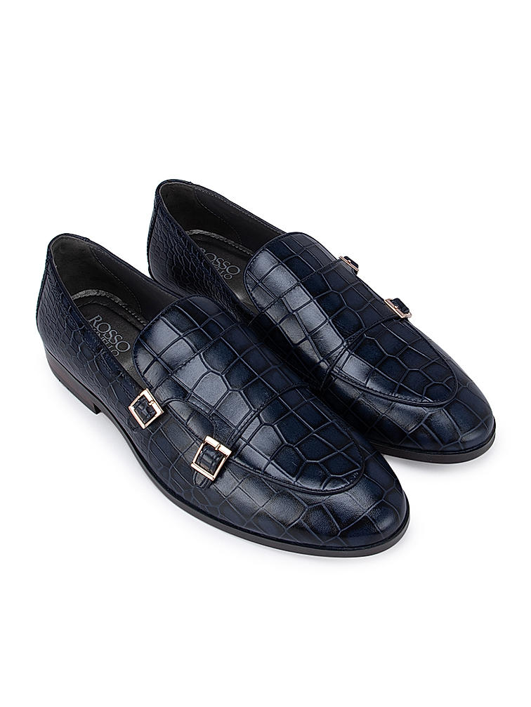 Navy Croco Effect Monk Straps