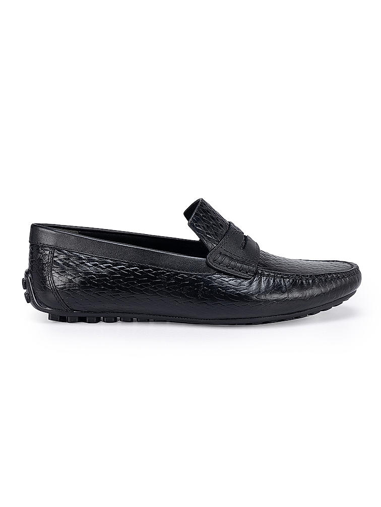 Black Textured Leather Moccasins