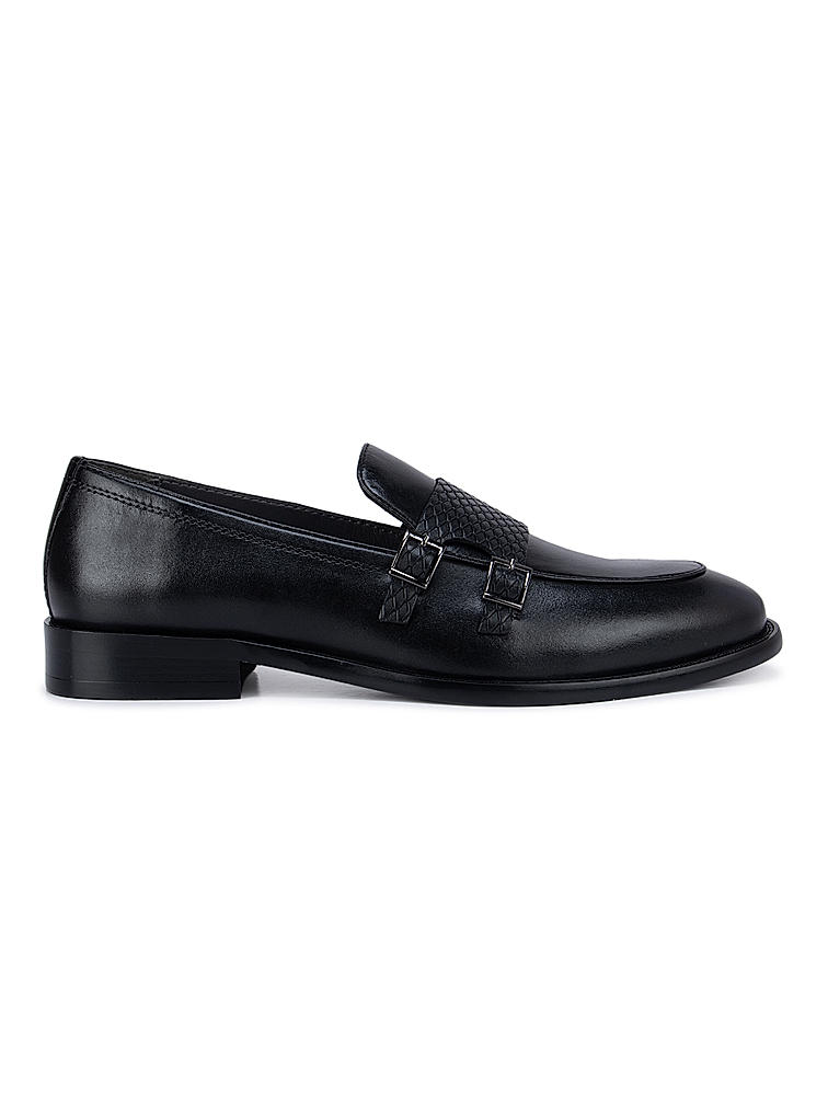 Black Textured Leather Double Monk Straps