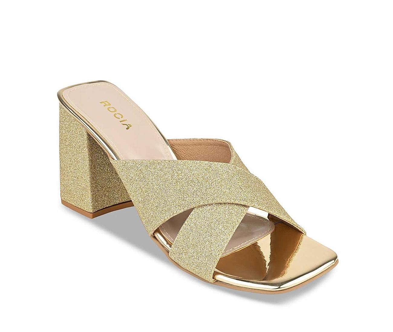 gold evening shoes block heel