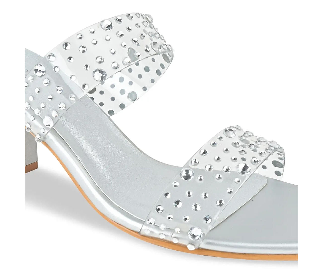 ROCIA SILVER WOMEN VINYL DIAMOND STUDDED BLOCK HEEL SANDALS